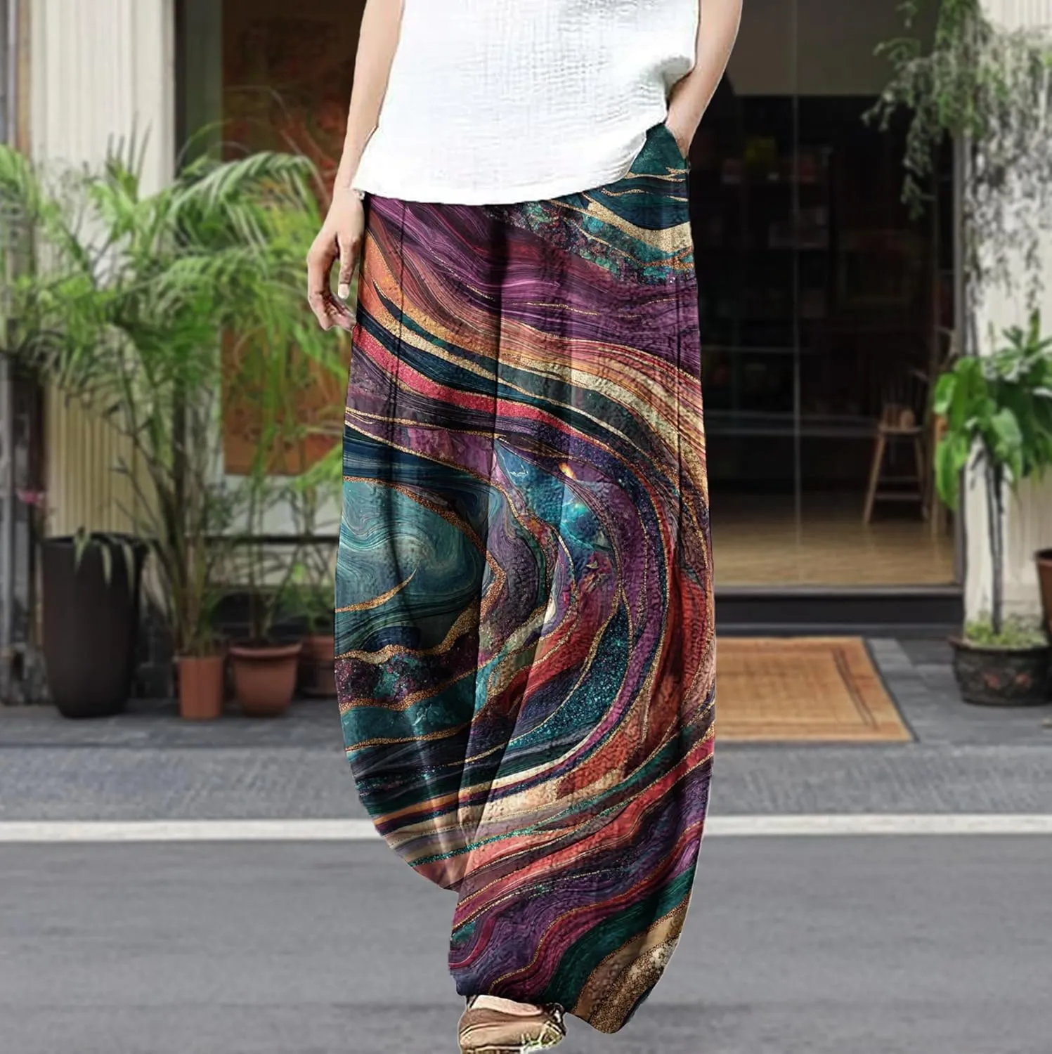 MARSVOVO Palazzo Pants for Women Trendy Wave Print Japanese Flowy Pants Lounge Casual Comfy Lantern Wide Leg Trousers