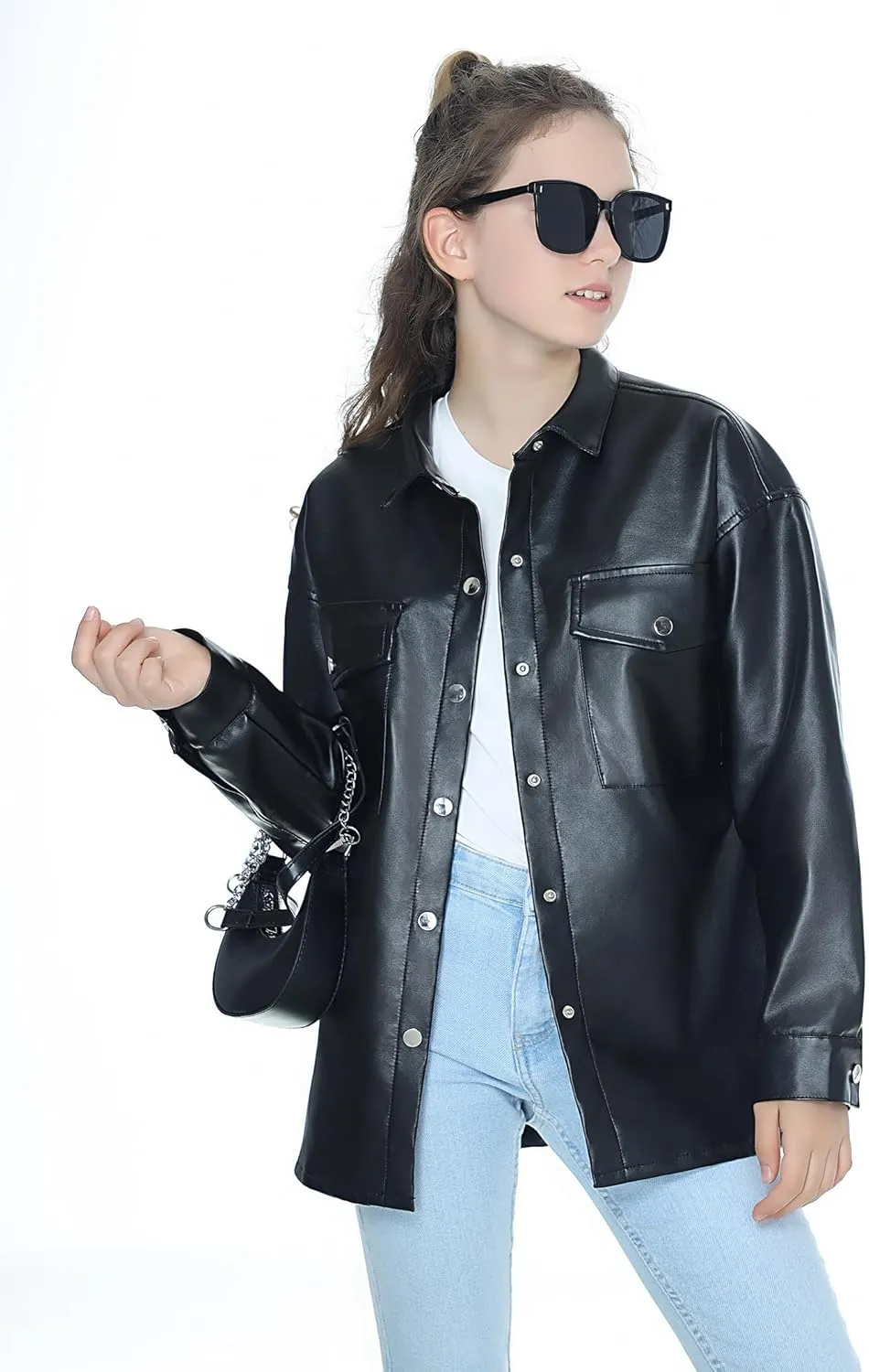Mebius Girls Oversize Leather Jacket Kids Long Sleeve PU Faux Leather Pockets Youth Zip Up Outerwear Coats