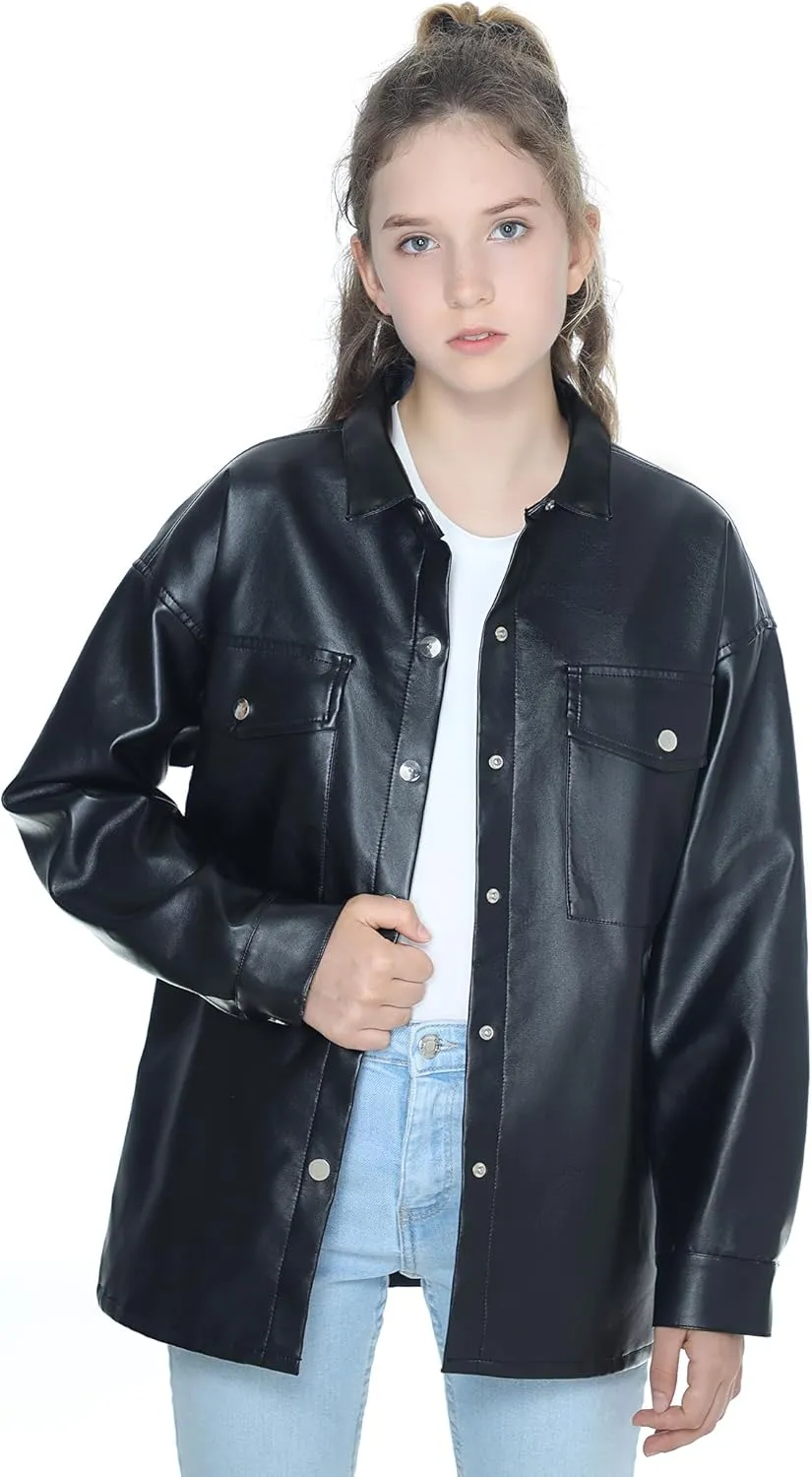 Mebius Girls Oversize Leather Jacket Kids Long Sleeve PU Faux Leather Pockets Youth Zip Up Outerwear Coats