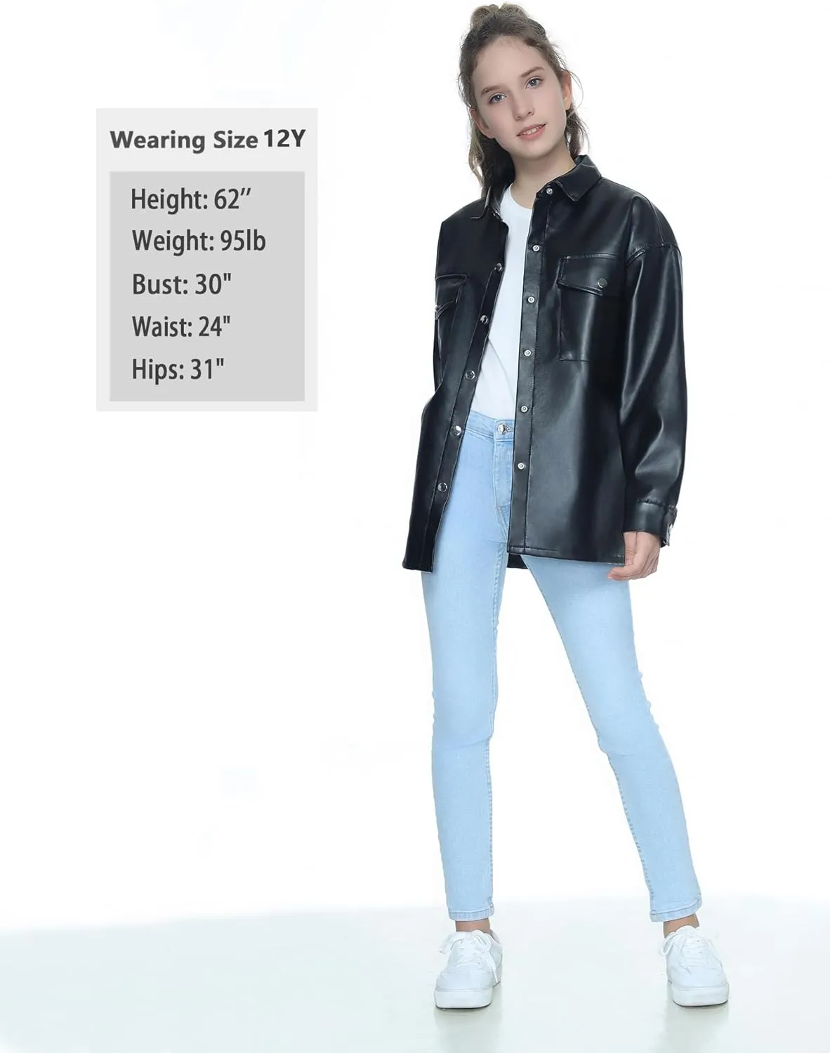 Mebius Girls Oversize Leather Jacket Kids Long Sleeve PU Faux Leather Pockets Youth Zip Up Outerwear Coats