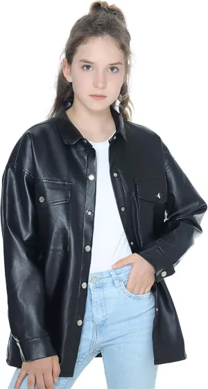 Mebius Girls Oversize Leather Jacket Kids Long Sleeve PU Faux Leather Pockets Youth Zip Up Outerwear Coats