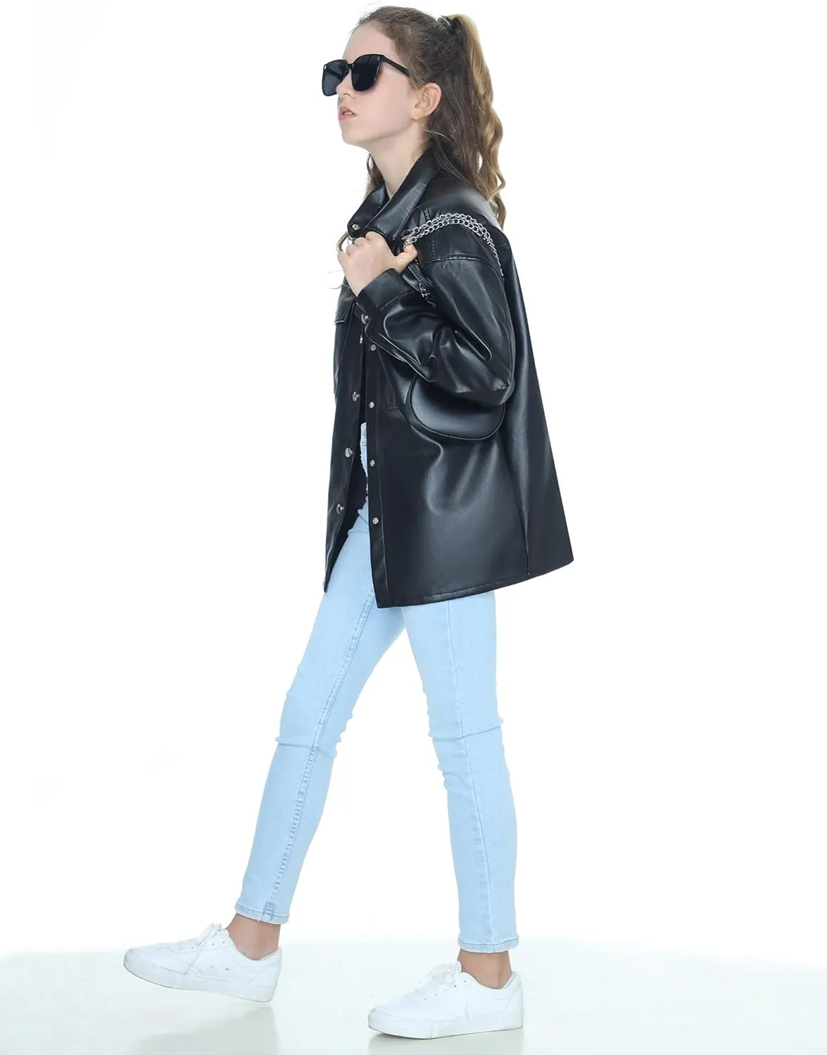 Mebius Girls Oversize Leather Jacket Kids Long Sleeve PU Faux Leather Pockets Youth Zip Up Outerwear Coats