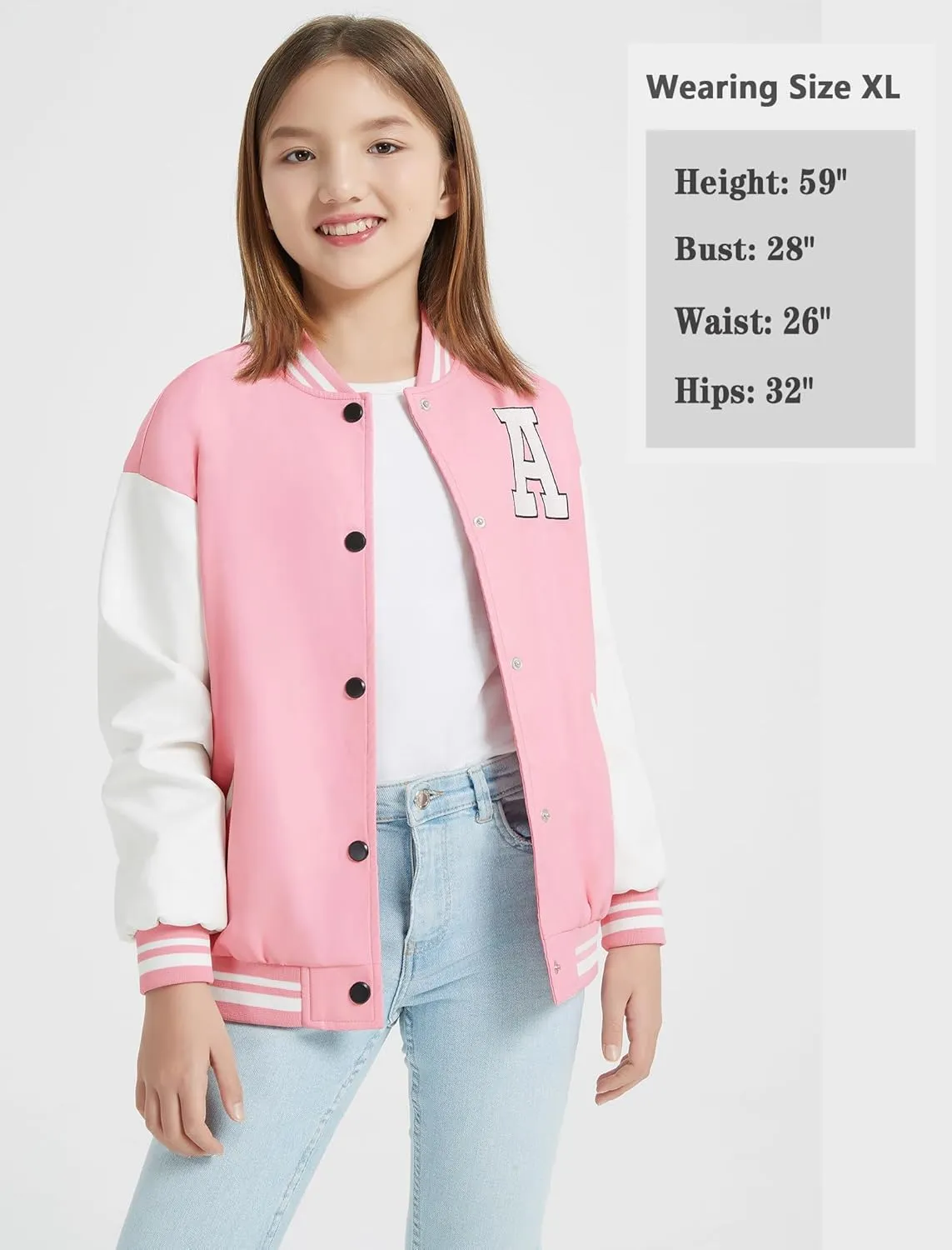 Mebius Girls Varsity Jacket Kids Leather Letterman Baseball Outerwear Stripe Trim Contrast Sleeve School Coats