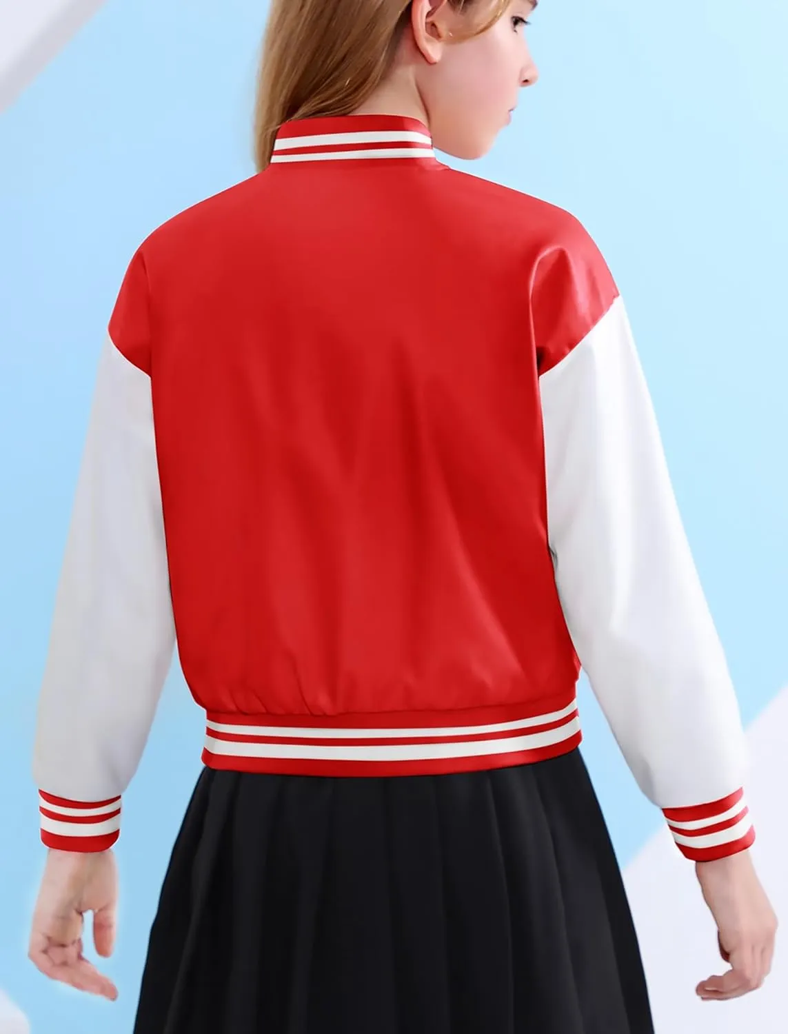 Mebius Girls Varsity Jacket Kids Leather Letterman Baseball Outerwear Stripe Trim Contrast Sleeve School Coats