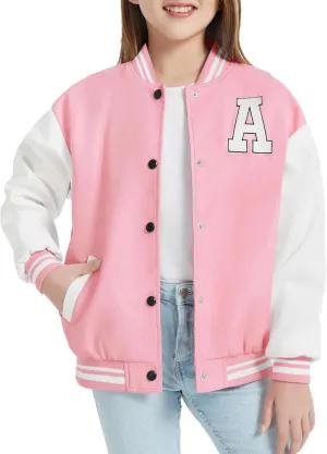 Mebius Girls Varsity Jacket Kids Leather Letterman Baseball Outerwear Stripe Trim Contrast Sleeve School Coats