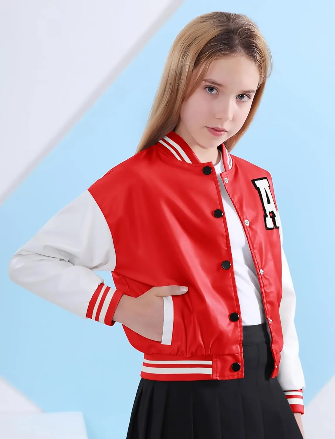 Mebius Girls Varsity Jacket Kids Leather Letterman Baseball Outerwear Stripe Trim Contrast Sleeve School Coats