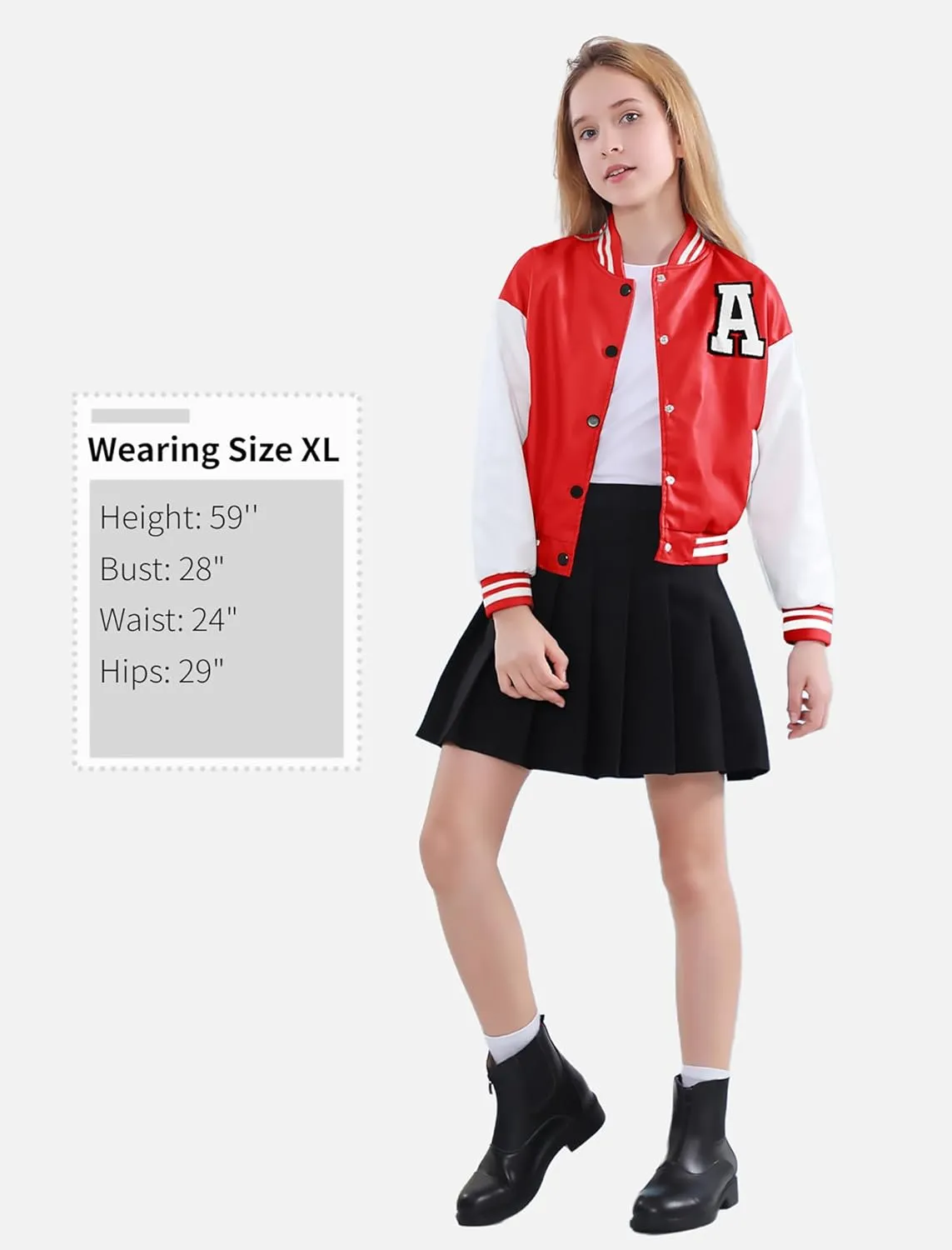 Mebius Girls Varsity Jacket Kids Leather Letterman Baseball Outerwear Stripe Trim Contrast Sleeve School Coats