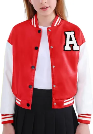Mebius Girls Varsity Jacket Kids Leather Letterman Baseball Outerwear Stripe Trim Contrast Sleeve School Coats