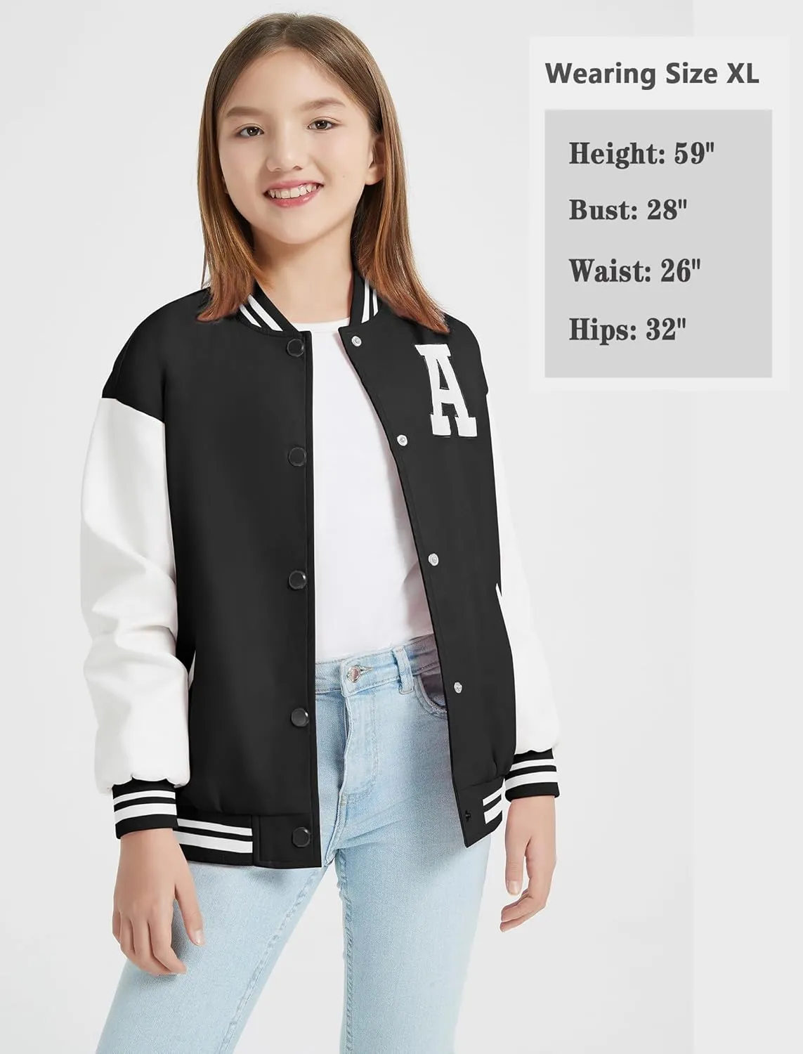 Mebius Girls Varsity Jacket Kids Leather Letterman Baseball Outerwear Stripe Trim Contrast Sleeve School Coats