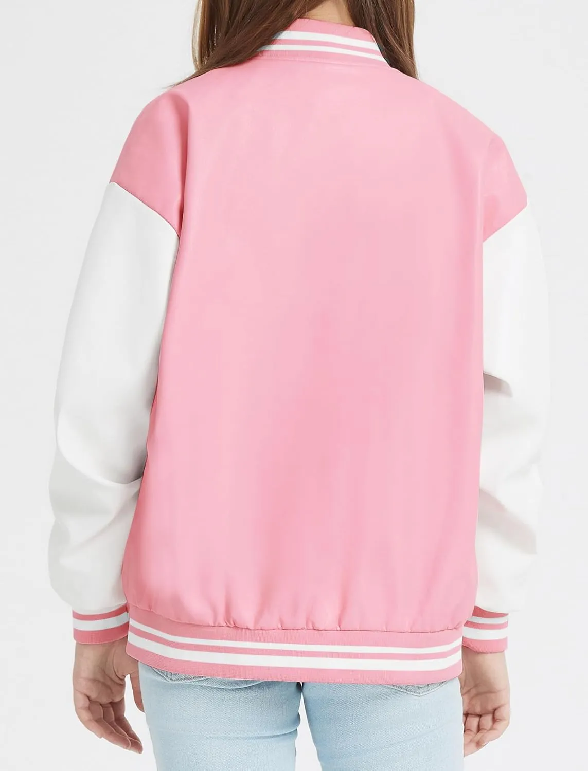Mebius Girls Varsity Jacket Kids Leather Letterman Baseball Outerwear Stripe Trim Contrast Sleeve School Coats