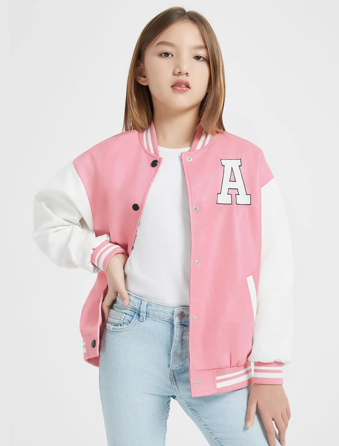 Mebius Girls Varsity Jacket Kids Leather Letterman Baseball Outerwear Stripe Trim Contrast Sleeve School Coats