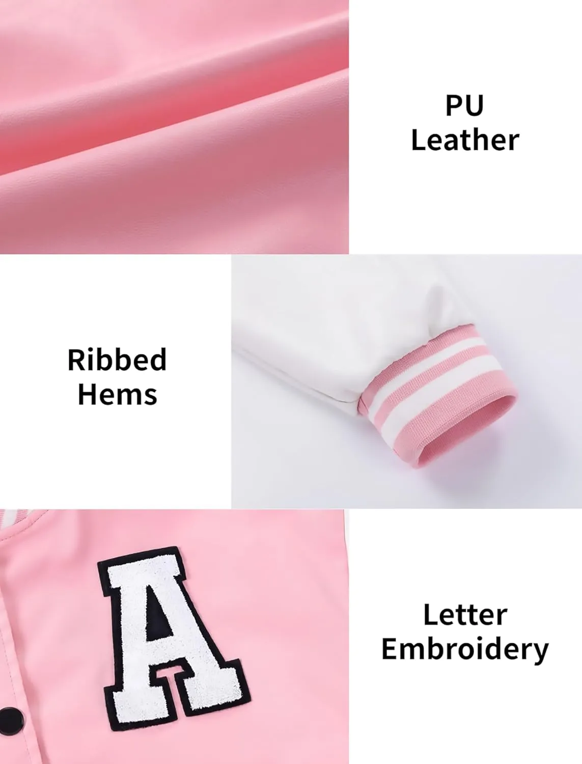 Mebius Girls Varsity Jacket Kids Leather Letterman Baseball Outerwear Stripe Trim Contrast Sleeve School Coats