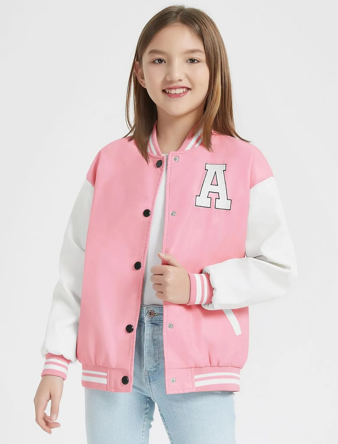 Mebius Girls Varsity Jacket Kids Leather Letterman Baseball Outerwear Stripe Trim Contrast Sleeve School Coats