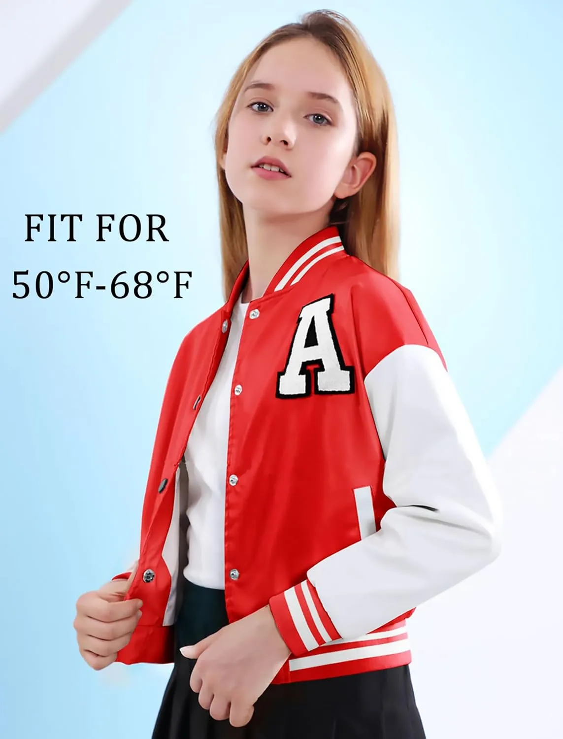 Mebius Girls Varsity Jacket Kids Leather Letterman Baseball Outerwear Stripe Trim Contrast Sleeve School Coats