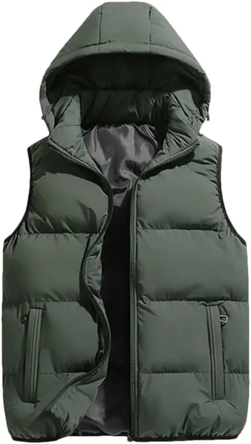 Men Puffer Sleeveless Cotton Padded Keep Warm Thicken Autumn Winter Coats Detachable Hood Vest