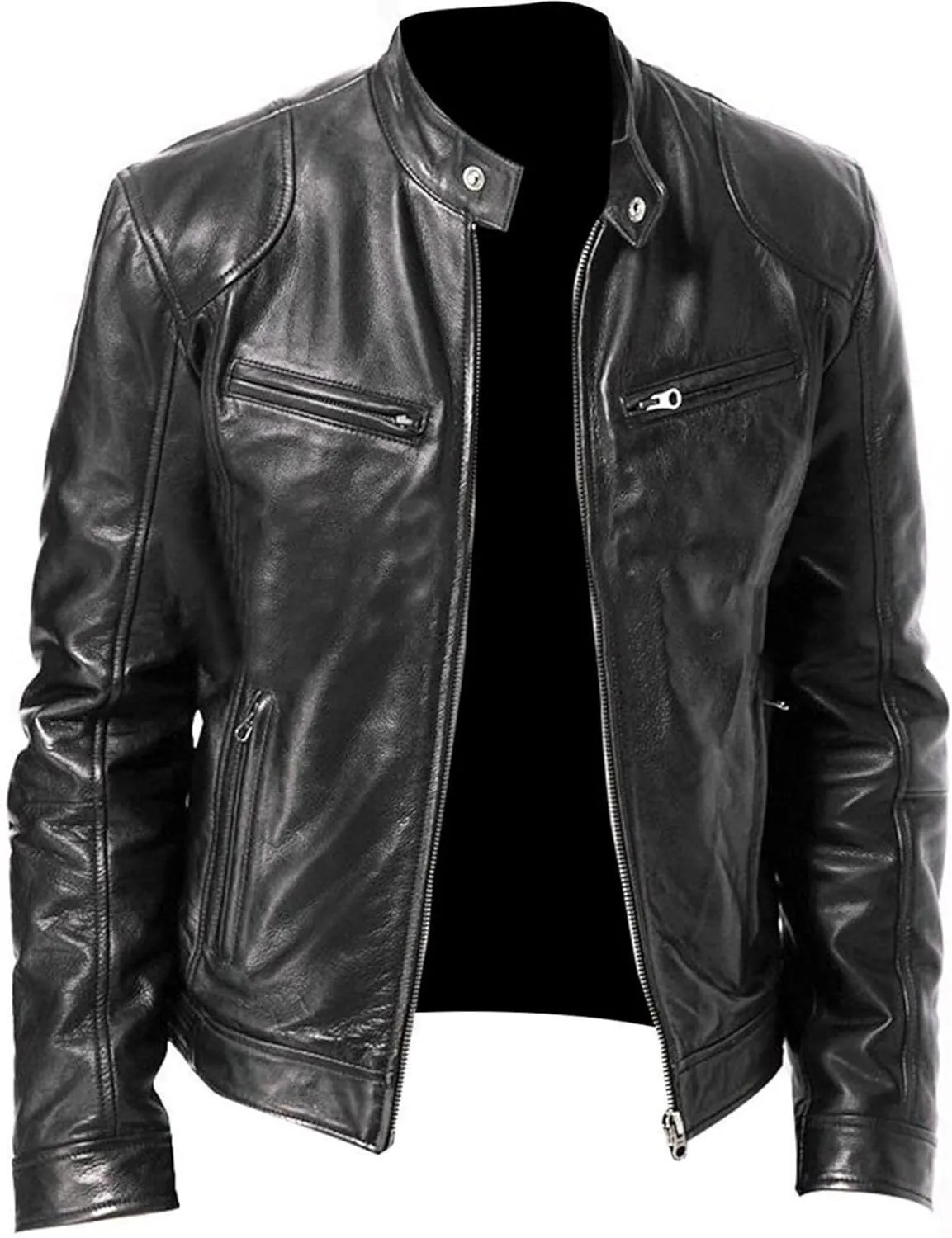 Men Stand Collar Faux Leather Jacket Vintage Zip up PU Motorcycle Outerwear Side Zipper Pocket Classy Cozy Coat