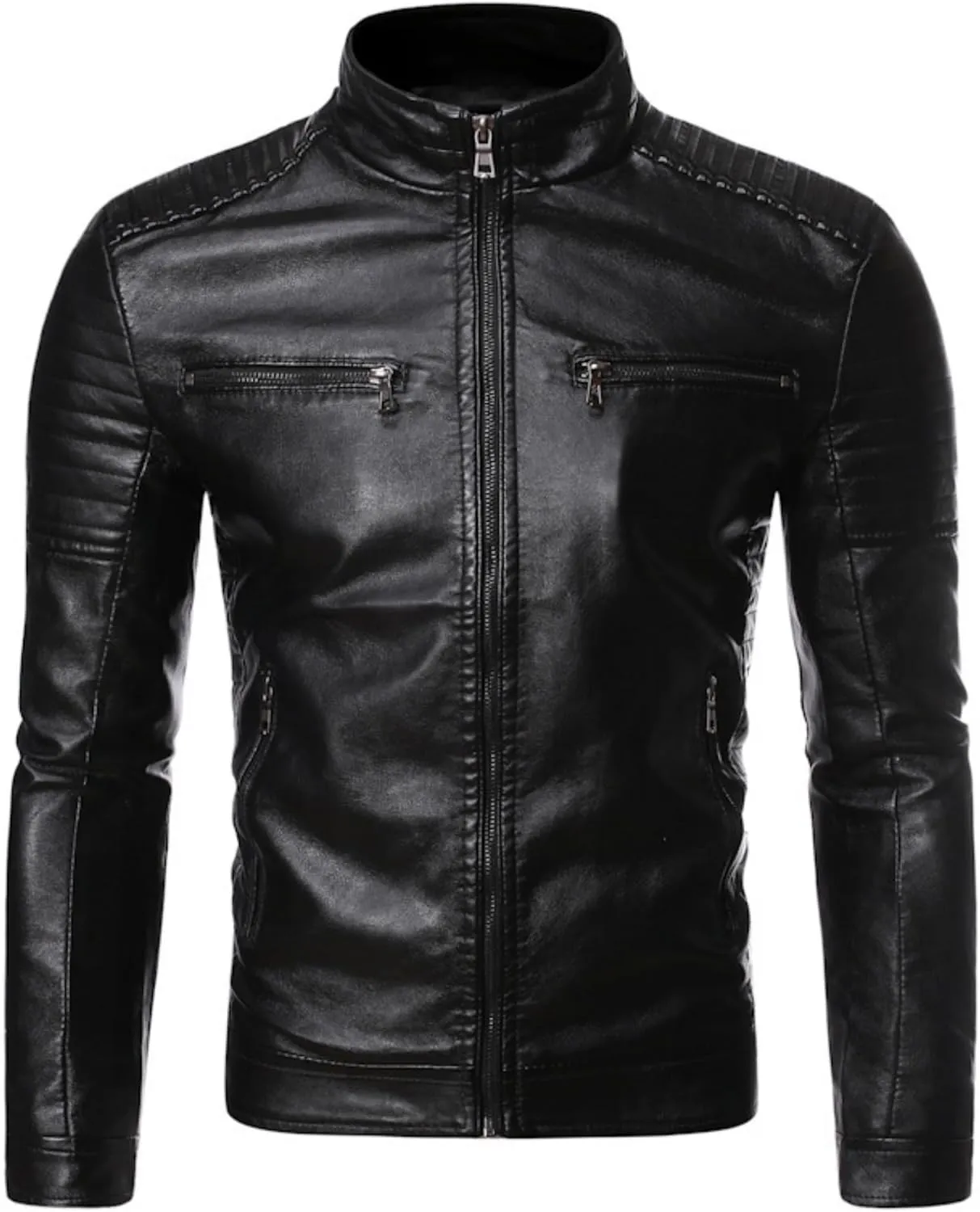 Men Stand Collar Faux Leather Jacket Vintage Zip up PU Motorcycle Outerwear Side Zipper Pocket Classy Cozy Coat