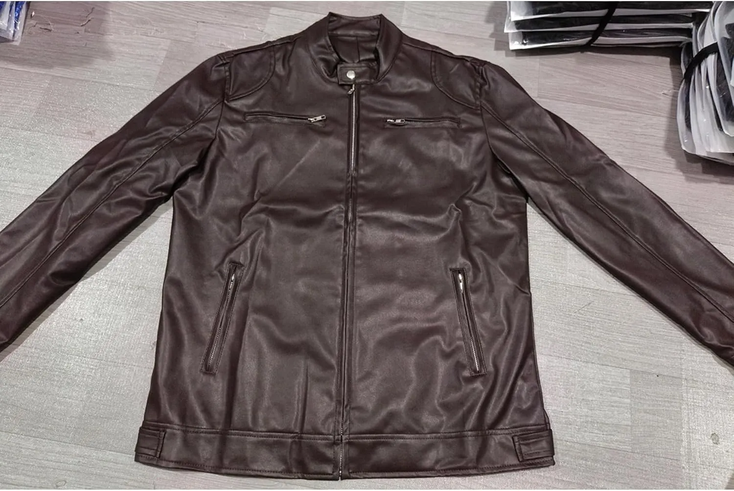 Men Stand Collar Faux Leather Jacket Vintage Zip up PU Motorcycle Outerwear Side Zipper Pocket Classy Cozy Coat