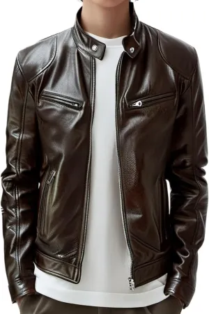 Men Stand Collar Faux Leather Jacket Vintage Zip up PU Motorcycle Outerwear Side Zipper Pocket Classy Cozy Coat