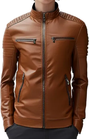 Men Stand Collar Faux Leather Jacket Vintage Zip up PU Motorcycle Outerwear Side Zipper Pocket Classy Cozy Coat