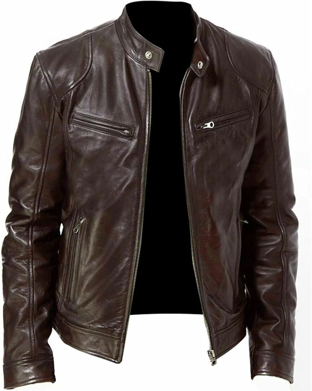Men Stand Collar Faux Leather Jacket Vintage Zip up PU Motorcycle Outerwear Side Zipper Pocket Classy Cozy Coat