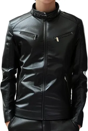 Men Stand Collar Faux Leather Jacket Vintage Zip up PU Motorcycle Outerwear Side Zipper Pocket Classy Cozy Coat