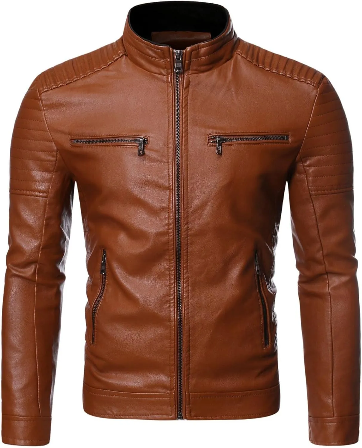 Men Stand Collar Faux Leather Jacket Vintage Zip up PU Motorcycle Outerwear Side Zipper Pocket Classy Cozy Coat