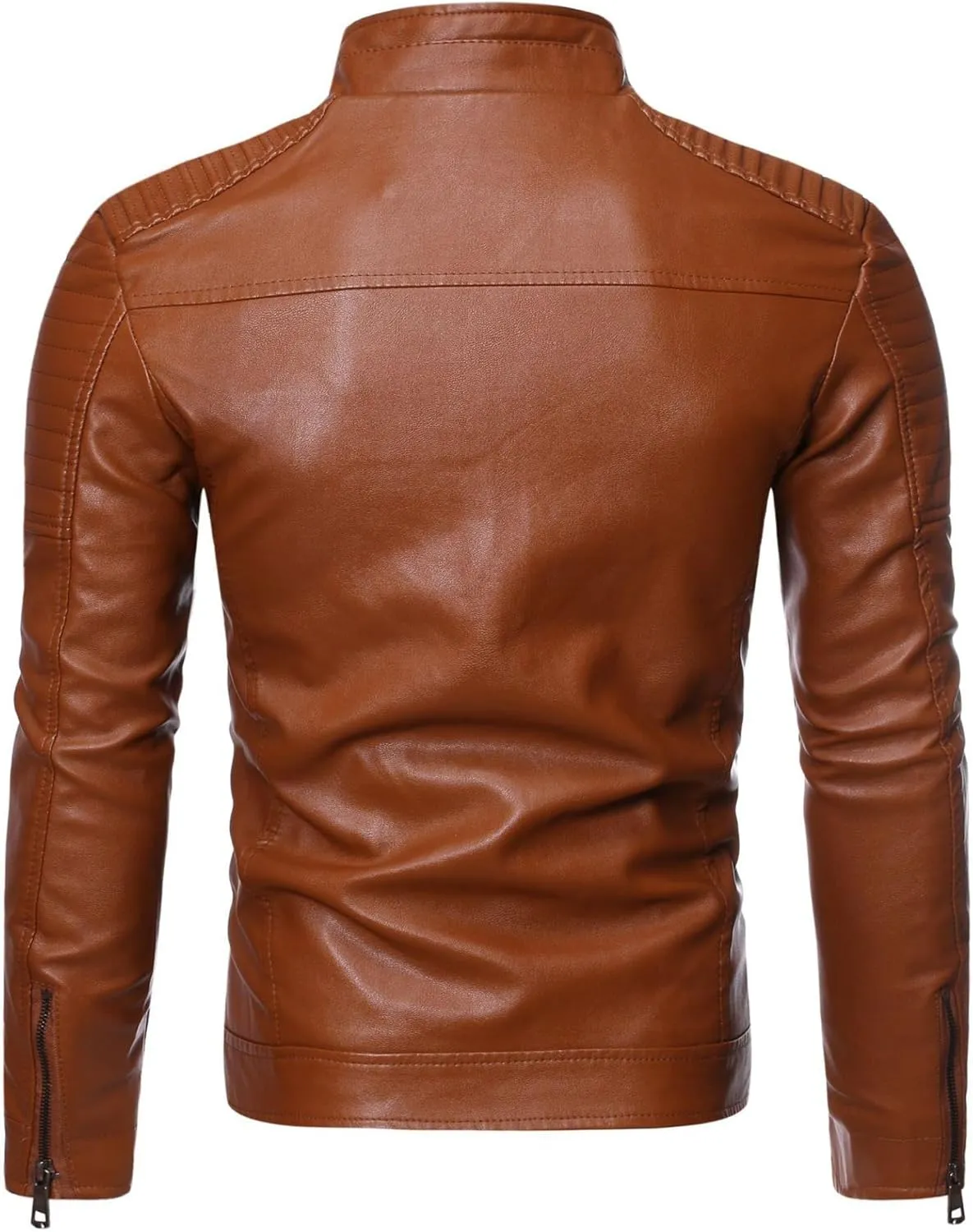 Men Stand Collar Faux Leather Jacket Vintage Zip up PU Motorcycle Outerwear Side Zipper Pocket Classy Cozy Coat