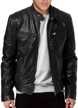 Men Stand Collar Faux Leather Jacket Vintage Zip up PU Motorcycle Outerwear Side Zipper Pocket Classy Cozy Coat