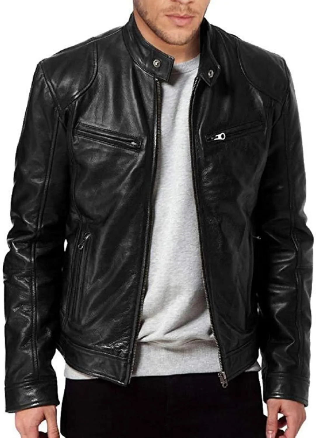 Men Stand Collar Faux Leather Jacket Vintage Zip up PU Motorcycle Outerwear Side Zipper Pocket Classy Cozy Coat