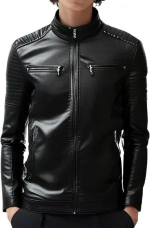Men Stand Collar Faux Leather Jacket Vintage Zip up PU Motorcycle Outerwear Side Zipper Pocket Classy Cozy Coat