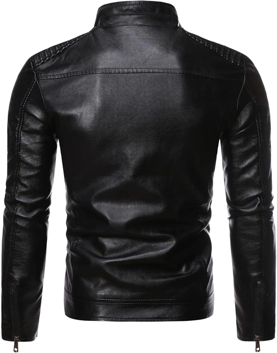 Men Stand Collar Faux Leather Jacket Vintage Zip up PU Motorcycle Outerwear Side Zipper Pocket Classy Cozy Coat
