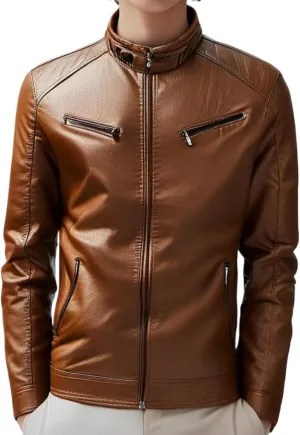 Men Stand Collar Faux Leather Jacket Vintage Zip up PU Motorcycle Outerwear Side Zipper Pocket Classy Cozy Coat