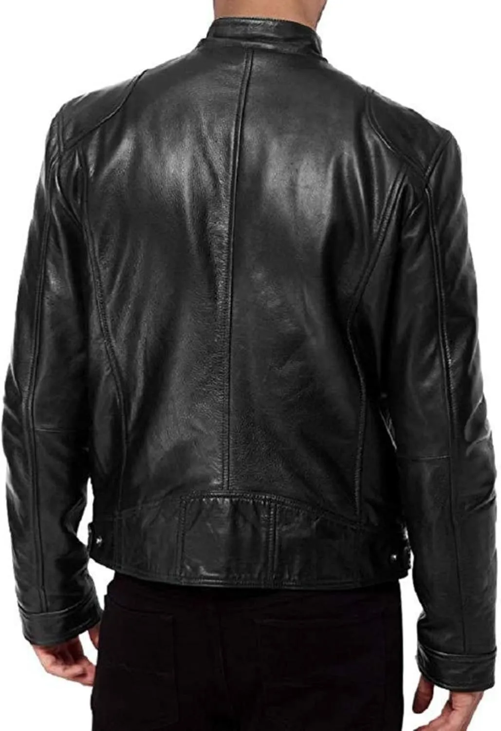 Men Stand Collar Faux Leather Jacket Vintage Zip up PU Motorcycle Outerwear Side Zipper Pocket Classy Cozy Coat
