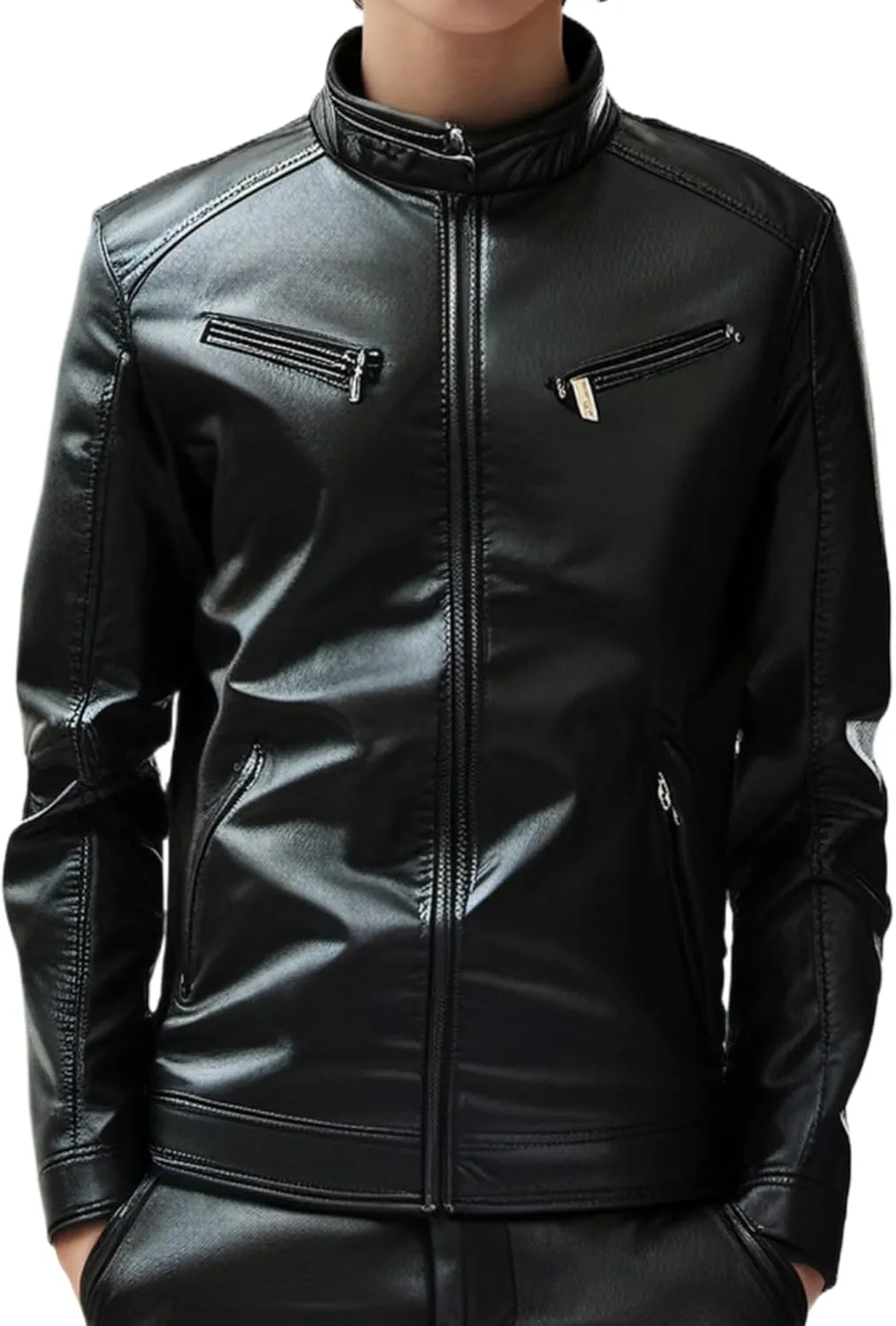 Men Stand Collar Faux Leather Jacket Vintage Zip up PU Motorcycle Outerwear Side Zipper Pocket Classy Cozy Coat