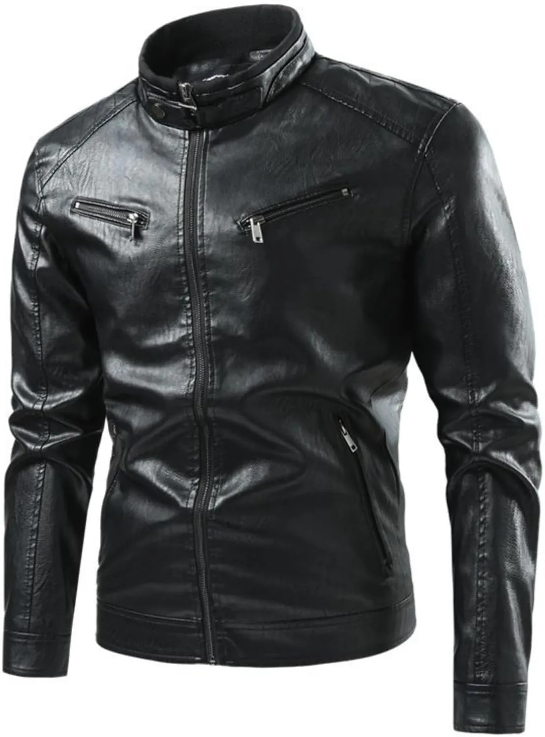 Men Stand Collar Faux Leather Jacket Vintage Zip up PU Motorcycle Outerwear Side Zipper Pocket Classy Cozy Coat