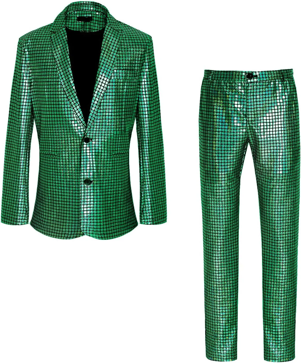 Men's 70s Disco Outfit Sequin Suit Set Metallic Shiny Jacket Slim Fit Pants Party Costume