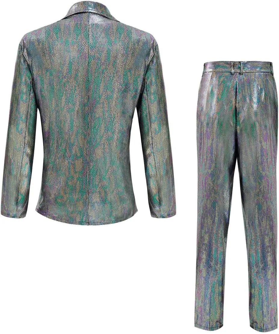 Men's 70s Disco Outfit Sequin Suit Set Metallic Shiny Jacket Slim Fit Pants Party Costume