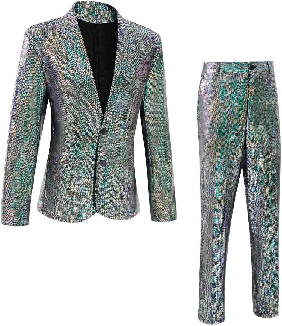 Men's 70s Disco Outfit Sequin Suit Set Metallic Shiny Jacket Slim Fit Pants Party Costume