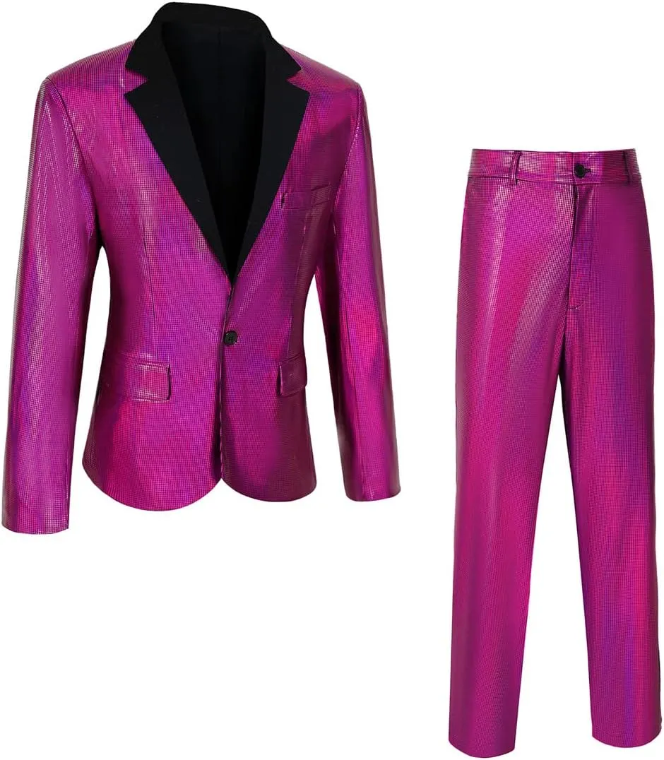 Men's 70s Disco Outfit Sequin Suit Set Metallic Shiny Jacket Slim Fit Pants Party Costume
