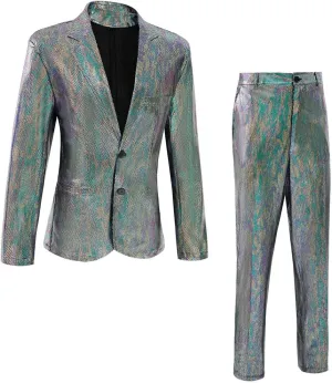 Men's 70s Disco Outfit Sequin Suit Set Metallic Shiny Jacket Slim Fit Pants Party Costume