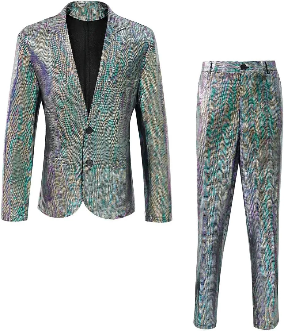 Men's 70s Disco Outfit Sequin Suit Set Metallic Shiny Jacket Slim Fit Pants Party Costume
