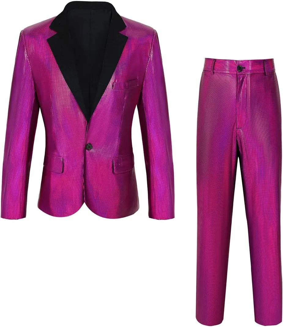 Men's 70s Disco Outfit Sequin Suit Set Metallic Shiny Jacket Slim Fit Pants Party Costume