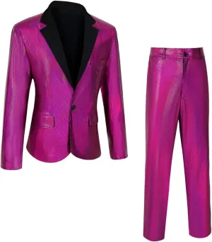Men's 70s Disco Outfit Sequin Suit Set Metallic Shiny Jacket Slim Fit Pants Party Costume