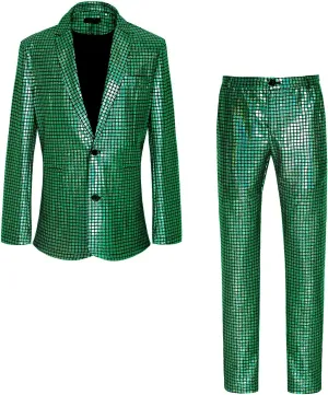 Men's 70s Disco Outfit Sequin Suit Set Metallic Shiny Jacket Slim Fit Pants Party Costume