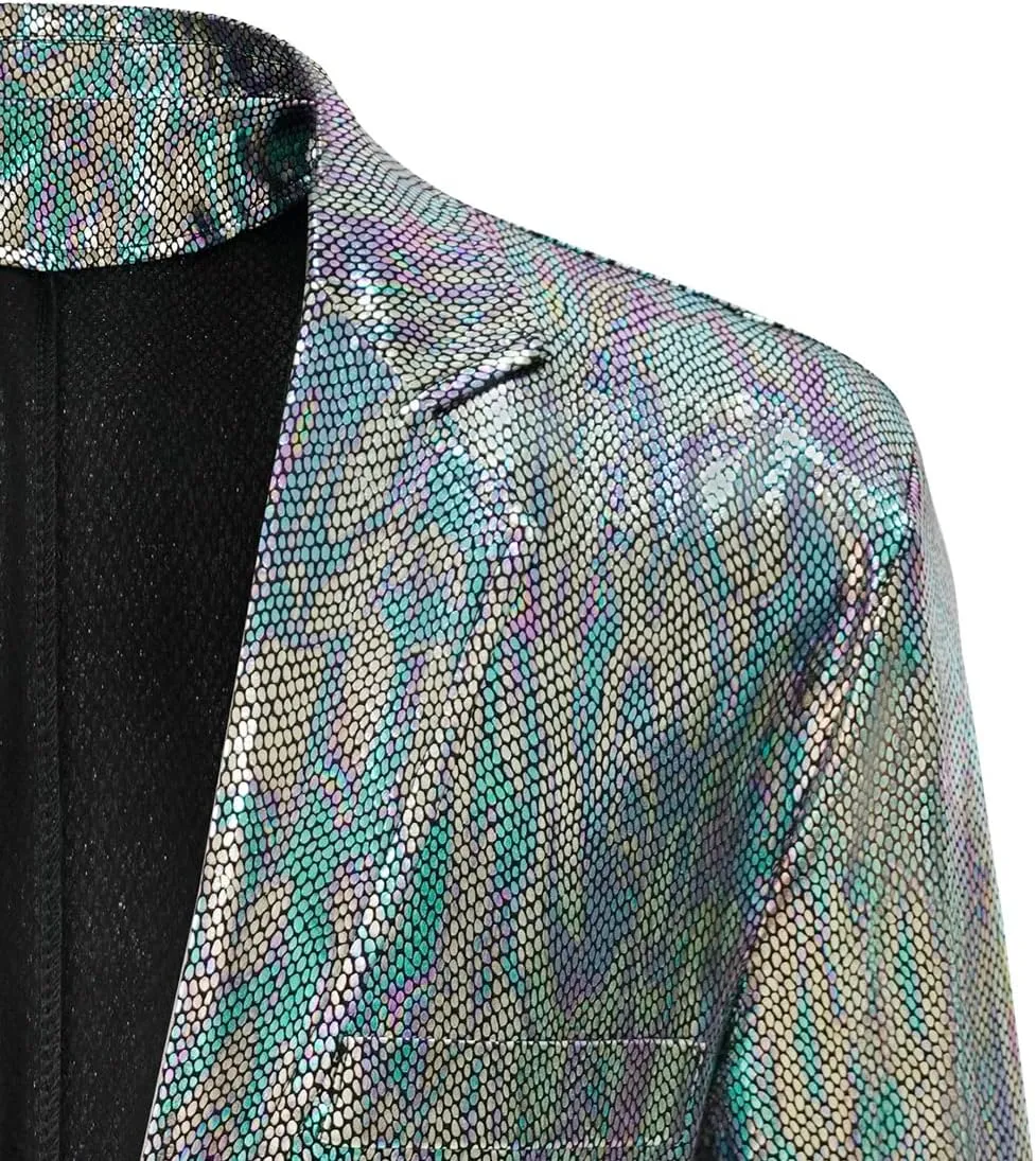 Men's 70s Disco Outfit Sequin Suit Set Metallic Shiny Jacket Slim Fit Pants Party Costume