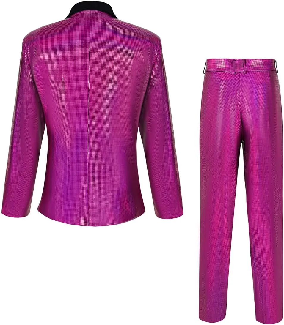 Men's 70s Disco Outfit Sequin Suit Set Metallic Shiny Jacket Slim Fit Pants Party Costume