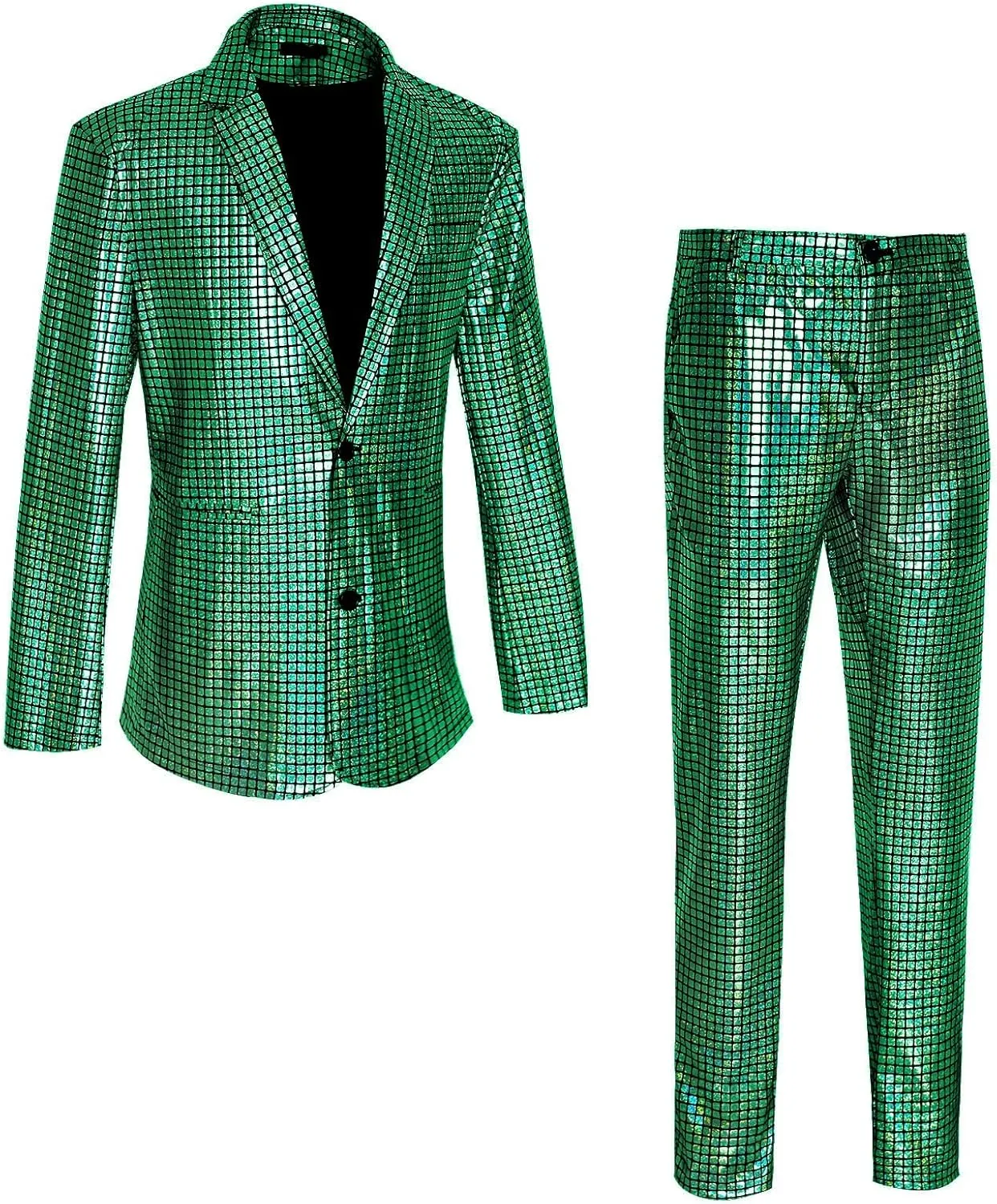 Men's 70s Disco Outfit Sequin Suit Set Metallic Shiny Jacket Slim Fit Pants Party Costume