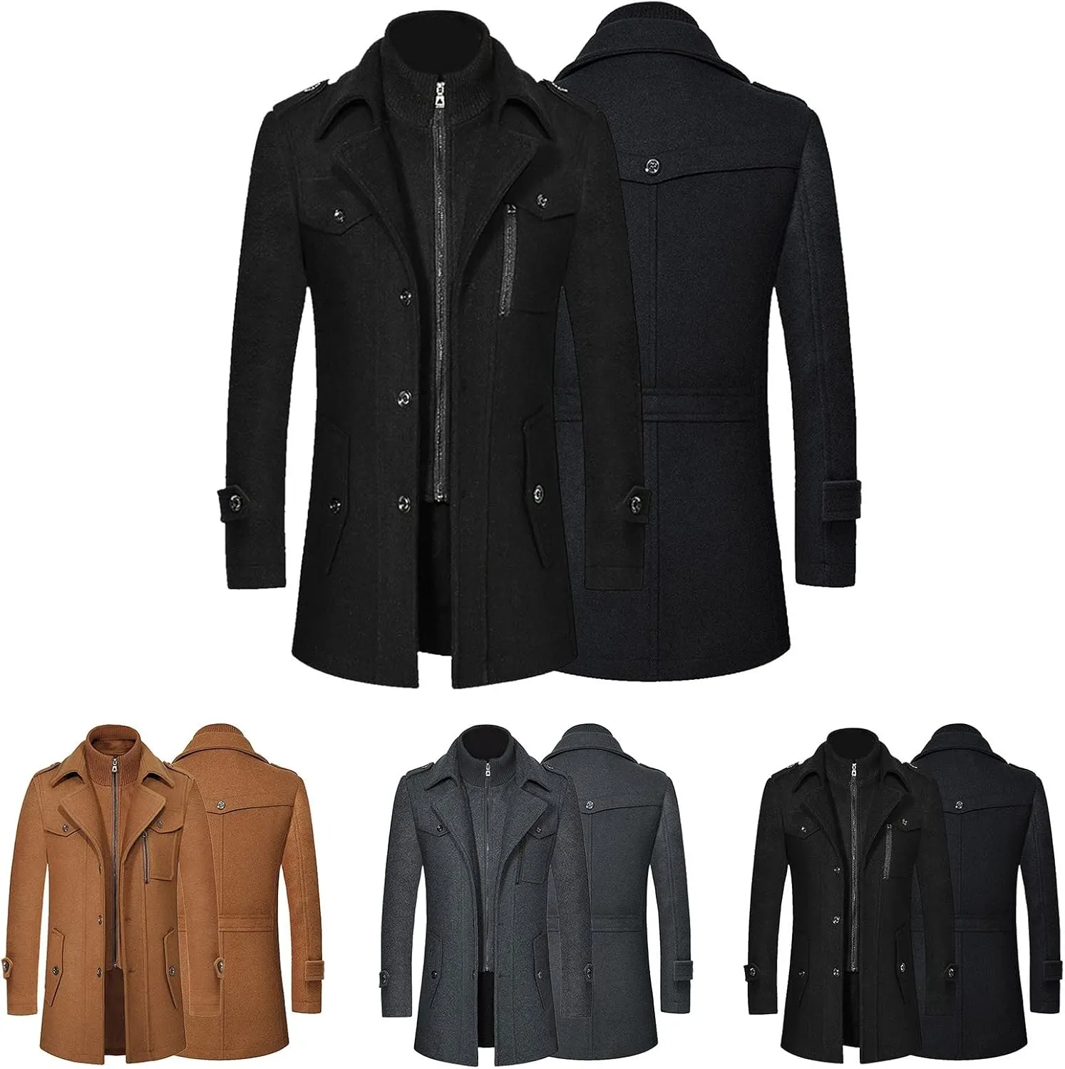Men's Autumn and Winter Coats Double- Woolen Coat Thickened Mid-Length Woolen Zipper Trench Coats Anorak Windbreaker Men (Black, M)