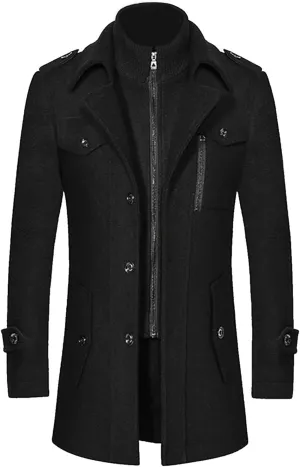 Men's Autumn and Winter Coats Double- Woolen Coat Thickened Mid-Length Woolen Zipper Trench Coats Anorak Windbreaker Men (Black, M)